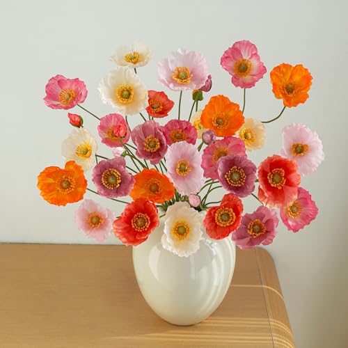 12PCS 36Heads Artificial Poppy Flowers with Stems (Orange+pink)
