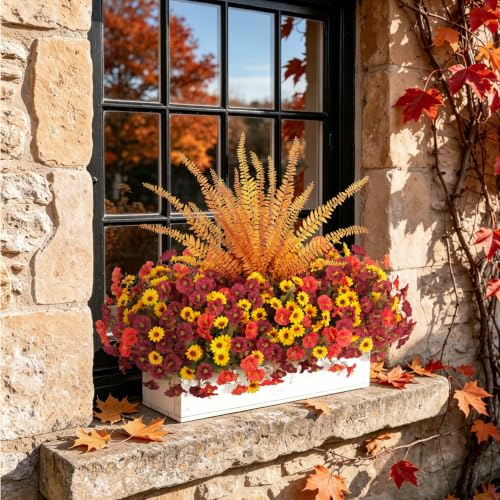 Artificial Fall Mums Flowers Fake Plants for Outdoors Decoration (4 Mixed Colors(4 Yellow,4 Orange,4 Brown,1 Fern))