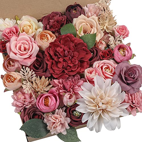 Artificial Flowers Combo Box Set Faux Flowers Bulk Flower Leaf with Stems for DIY Wedding Bouquets Centerpieces Baby Shower Party Home Decorations (Burgundy Pink)