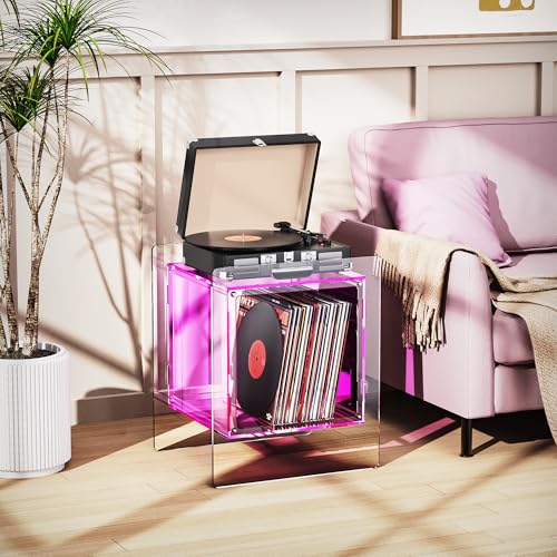 Acrylic Nightstand Colorful Bedside Table with Open Storage Shelf (Pink)