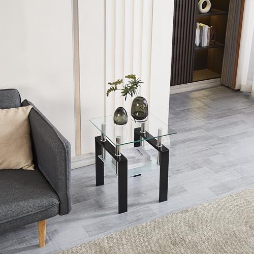 Set of 2 Modern Glass End Tables (Clear Top With Black Leg)