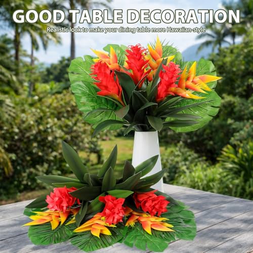 12 Pcs Artificial Tropical Bouquet Artificial Tropical Flowers Centerpieces for Tables Bromeliad Monstera Palm Leaves and Heliconia for Hawaiian Party Birthday Wedding Table Decor
