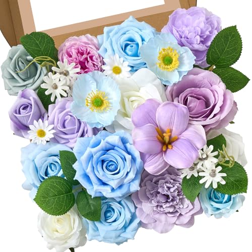Artificial Flowers Combo Blue & Purple Fake Flowers for Wedding (Blue & Purple / 1 Box)
