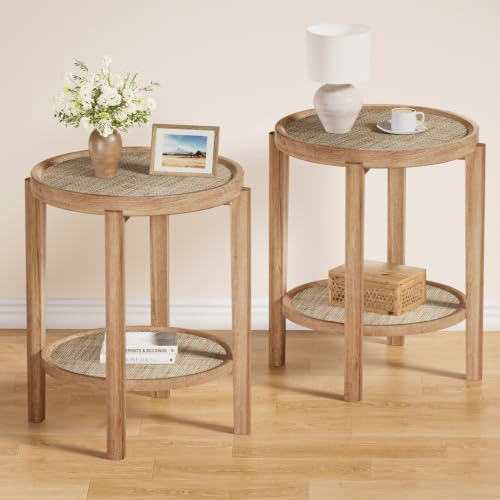Rattan Round Side Table End Table Set of 2 with Storage Shelf (Natural Oak, Round)