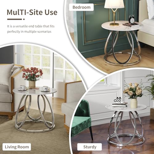Round End Table with Marbling Stone (White)