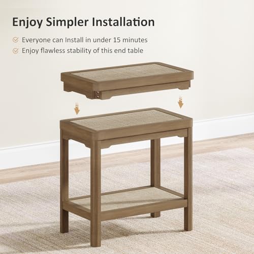 Rattan Side Table End Table with Round Edge Design (Caramel Oak, Round Edges)