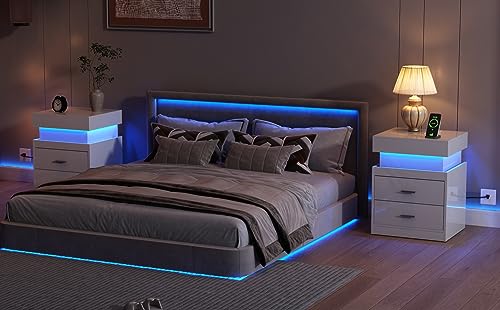 LED Nightstand with Charging Station and Sliding Storage (White / 1 Pack)