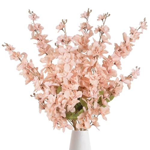 6PCS Silk Delphinium Artificial Flower Lifelike Silk Larkspur Flowers Plant 35.43" Long Stem Blossoms Fake Flowers for Tall Vase Floral Arrangements Home Table Wedding Decor (Champagne Pink)