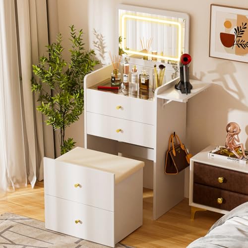 Makeup Vanity Desk with Mirror and Lights (Cream White)