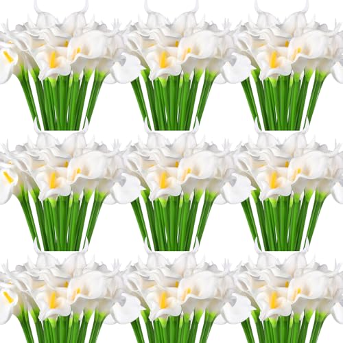 100 Pcs Fake White Calla Lily Flower for Wedding 13.4" Real Lifelike Artificial Calla Lily Bouquet Faux Flower for Home Kitchen Bride Shower Party Decorations