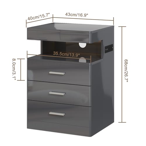 Led Nightstand with Hidden Space & Charging Station (Grey)
