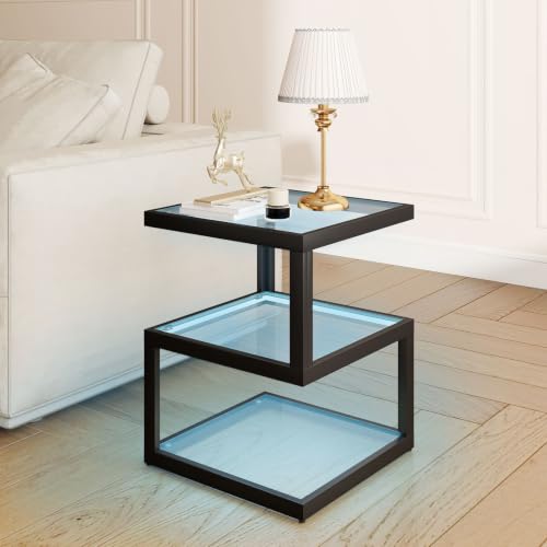 3 Tier Floating Side Table with Clear Tempered Glass and Metal Frame (Black)