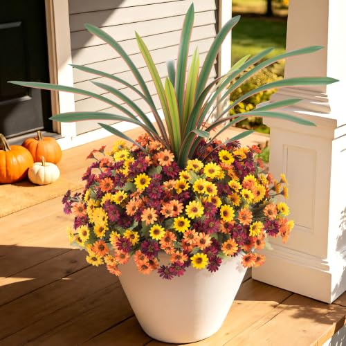 Artificial Fall Flowers Fake Mums Plants for Outdoors Decoration (4 Mixed Colors(4 Yellow, 4 Orange, 4 Fuchsia, 1 Orchid Leaf))