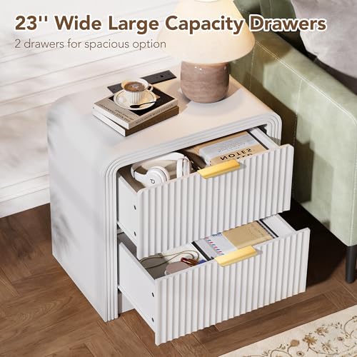 23'' Wide Fluted Nightstand with Charging Station (White / 2 Drawers)