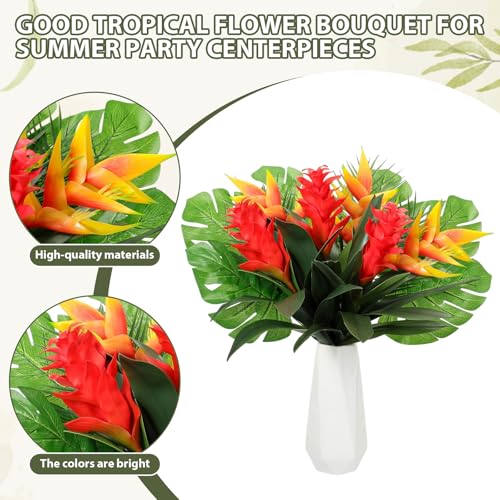 12 Pcs Artificial Tropical Bouquet Artificial Tropical Flowers Centerpieces for Tables Bromeliad Monstera Palm Leaves and Heliconia for Hawaiian Party Birthday Wedding Table Decor