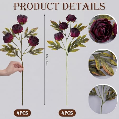 Faux Silk Peony Artificial Flowers Stem for Vase (Dark)