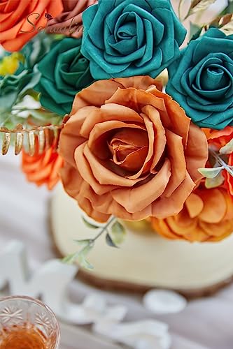 Teal Burnt Orange Silk Flowers Fall Artificial Flowers for Wedding (A Athens Orange Teal Blue / 2 Boxes)