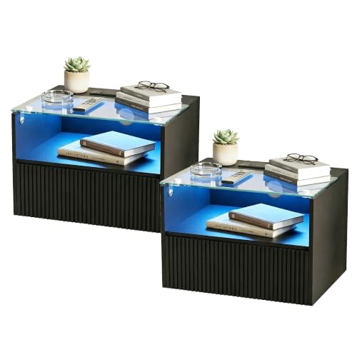 Floating Nightstand Set of 2 with Charging Station and Drawer (Black)