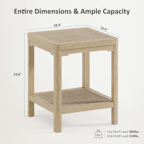 Square Rattan End Table Side Table with Round Edge Design (Light Oak, Square)