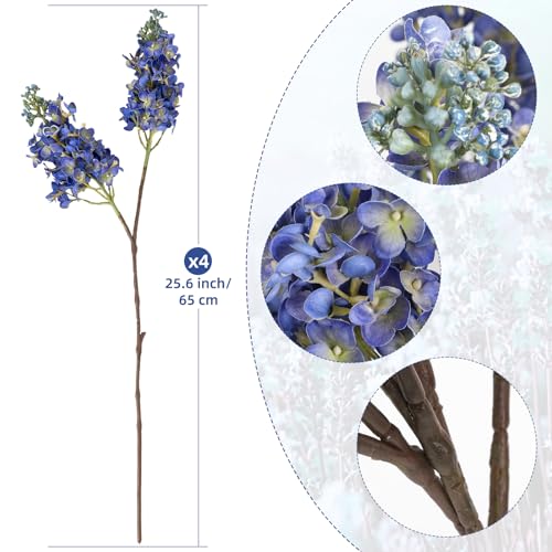 4PCS 25.6inch Lilac Artificial Flowers Blue Fake Delphinium Long Stem Real Touch Flower Faux Lilac Floral Arrangement for Tall Vase Table Centerpieces Wedding Garden Home Decoration（Blue） (25.6inch Blue / 4 Pcs)