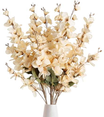 6PCS Champagne Delphinium Artificial Flower Lifelike Faux Larkspur Silk Flowers Plant 35.43'' Long Stem Blossoms Flowers for Tall Vase Floral Arrangements Home Table Wedding Decor (Champagne)