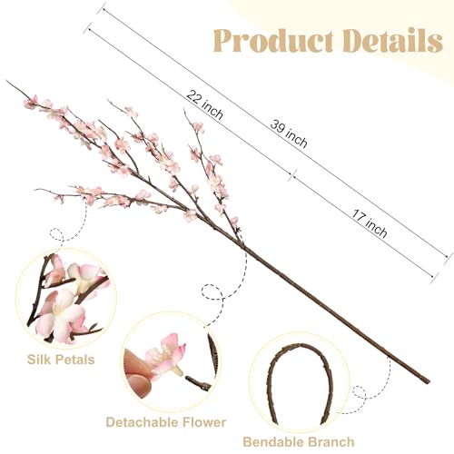 4Pcs Cherry Blossom Branches Artificial Flowers for Spring Summer Indoor Decoration (Pink)