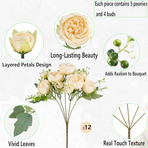 12pcs Peonies Artificial Flowers Bouquet (Champagne)