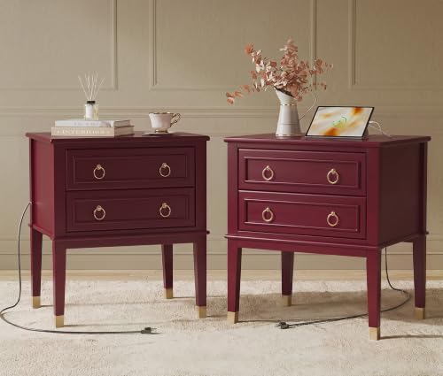27.6 Inch Tall Nightstand with Charging Station (Burgundy)