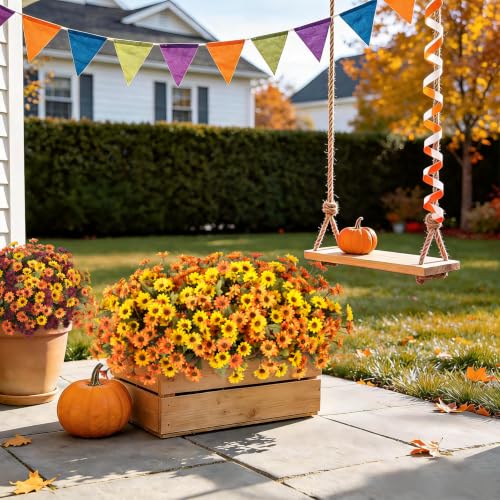 Artificial Fall Flowers Fake Mums Plants for Outdoors Decoration (6 Yellow, 6 Orange)
