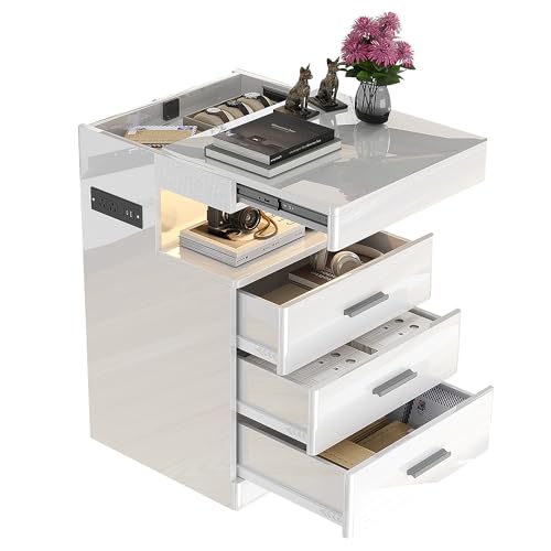 Led Nightstand with Hidden Space & Charging Station (White)