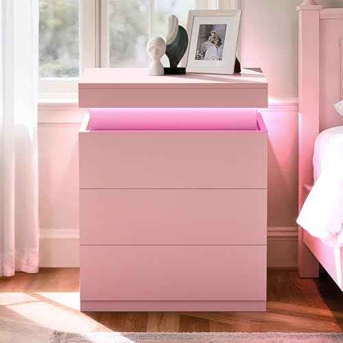Pink Nightstand with Charging Station and LED Lights (Pink)