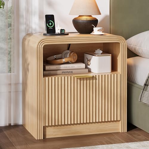 23'' Wide Fluted Nightstand with Charging Station (Oak / 1 Drawer & Open Shelf)