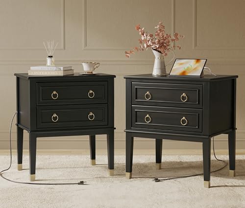 27.6 Inch Tall Nightstand with Charging Station (Black)