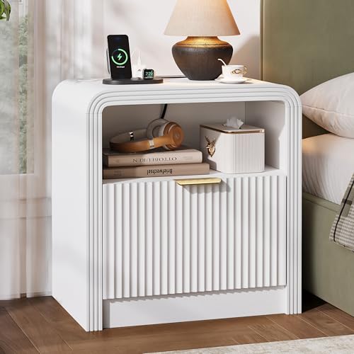 23'' Wide Fluted Nightstand with Charging Station (White / 1 Drawer & Open Shelf)
