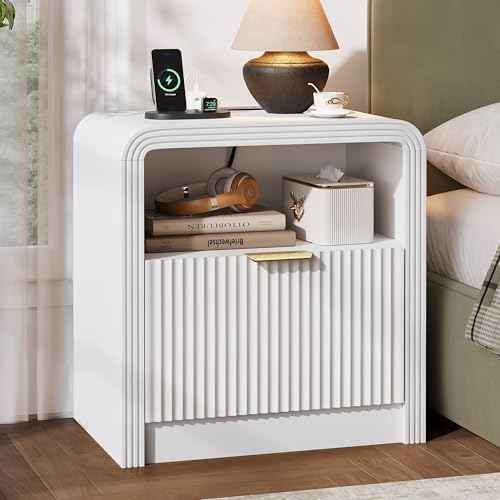 23'' Wide Fluted Nightstand with Charging Station (White / 1 Drawer & Open Shelf)