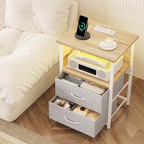Night Stand with Charging Station (15.7"D x 11.8"W x 23.6"H (2 drawers) / Power+Light (1pc) / Natural Oak & Light Grey)