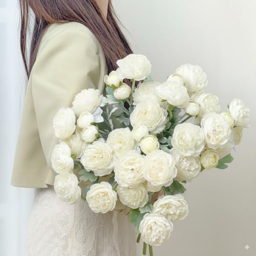 Artificial Flowers White Peonies 20pcs 60Heads Bouquet Fake Peonies Artificial Ranunculus Flowers for Indoor Faux Floral Arrangements Home Table Kitchen Wedding Party Farmhouse Decor ﻿ (White(20pcs))