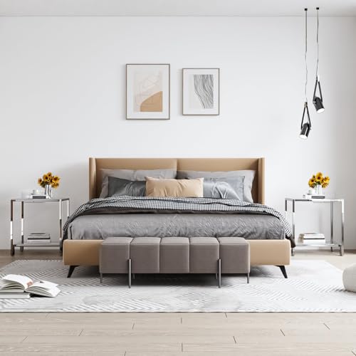 2 Tier Square End Table Side Table with Tempered Glass Top and Silver Stainless Steel Frame Modern Night Stand for Small Spaces Side Table with Storage for Living Room Bedroom (Silver / Style 1)
