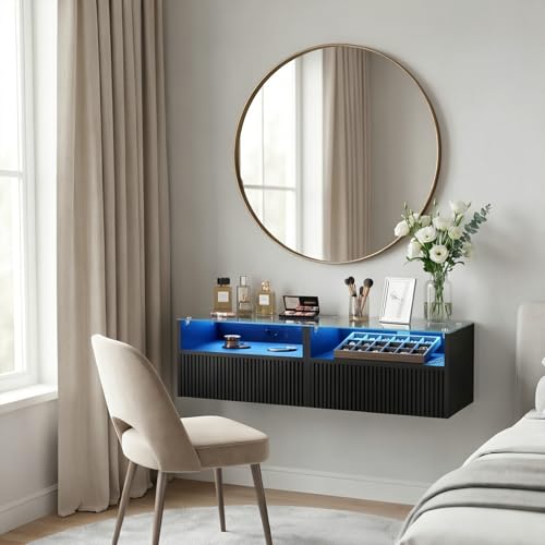Floating Nightstand Set of 2 with Charging Station and Drawer (Black)