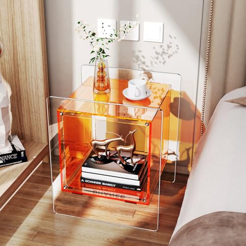 Acrylic Nightstand Colorful Bedside Table with Open Storage Shelf (Orange)