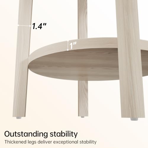 Rattan Round Side Table End Table with Storage Shelf (Creamy White, Round)