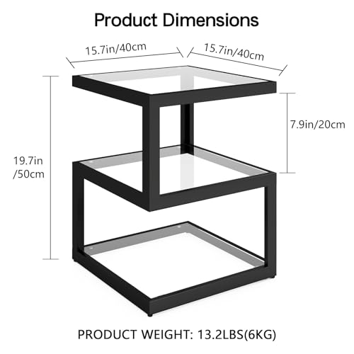 3 Tier Floating Side Table with Clear Tempered Glass and Metal Frame (Black)