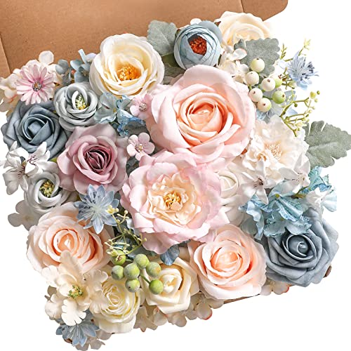 Artificial Flowers Combo Box Set Faux Flowers Bulk Flower Leaf with Stems Arrangements for DIY Wedding Bouquets Party Table Centerpieces Home Decorations Indoor Outdoor (Blue&pink)