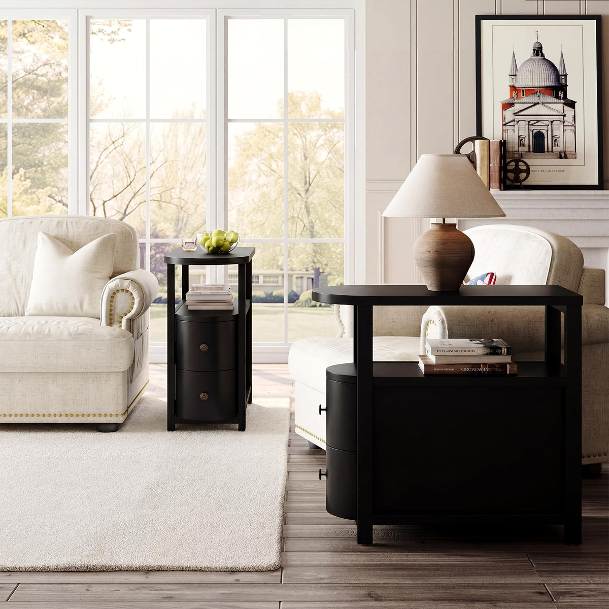 Solid Wood End Table Set 2 with 2 Drawers & Open Shelf (Black)