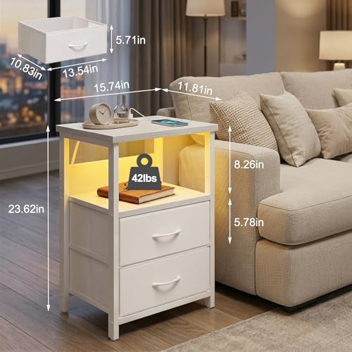 Night Stand with Charging Station (15.7"D x 11.8"W x 23.6"H (2 drawers) / Power+Light (1pc) / White)