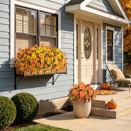 Artificial Fall Flowers Fake Mums Plants for Outdoors Decoration (4 Mixed Colors(4 Yellow, 4 Orange, 4 Fuchsia,1 Dahlia ))