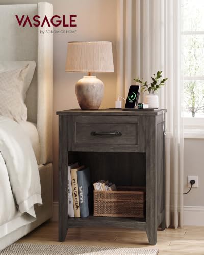Farmhouse Nightstand with Charging Station (Taupe Brown / 1 PACK)