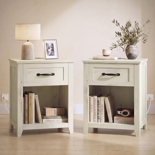 Farmhouse Nightstand with Charging Station (Rustic White / 2 PACK)