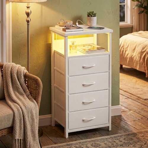 Night Stand with Charging Station (15.7"D x 11.8"W x 33.1"H (4 drawers) / Power+Light (1pc) / White)