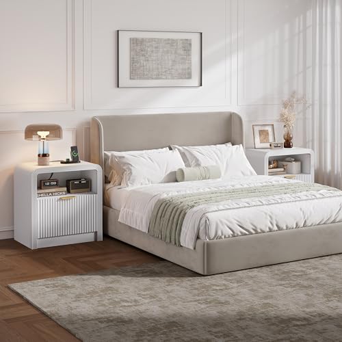 23'' Wide Fluted Nightstand with Charging Station (White / 1 Drawer & Open Shelf)